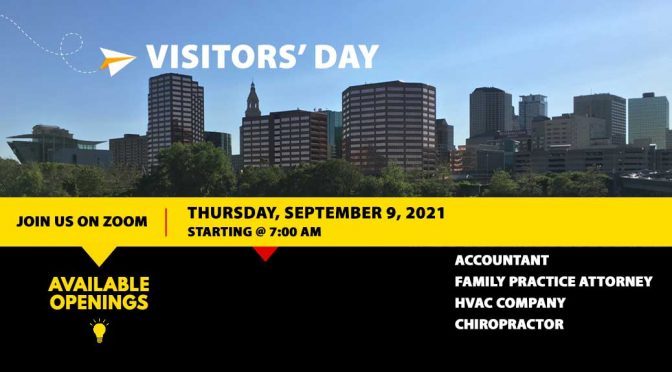 graphic with skyline of Hartford, CT. Invitation to visit networking meeting.